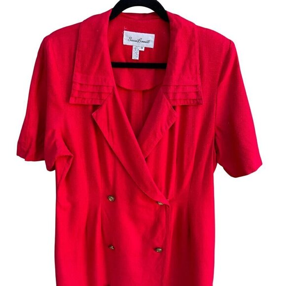 Susan Bennett Vintage Red Double-Breasted Short Sleeves Pleated Collar Dress 14 - Picture 2 of 13